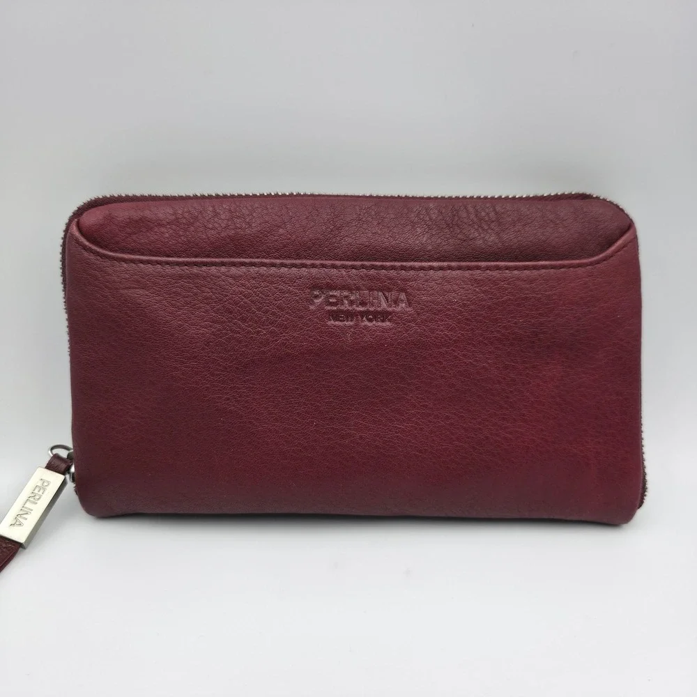 Perlina New York Burgundy Leather Zip Around Wallet Leopard Print Interior